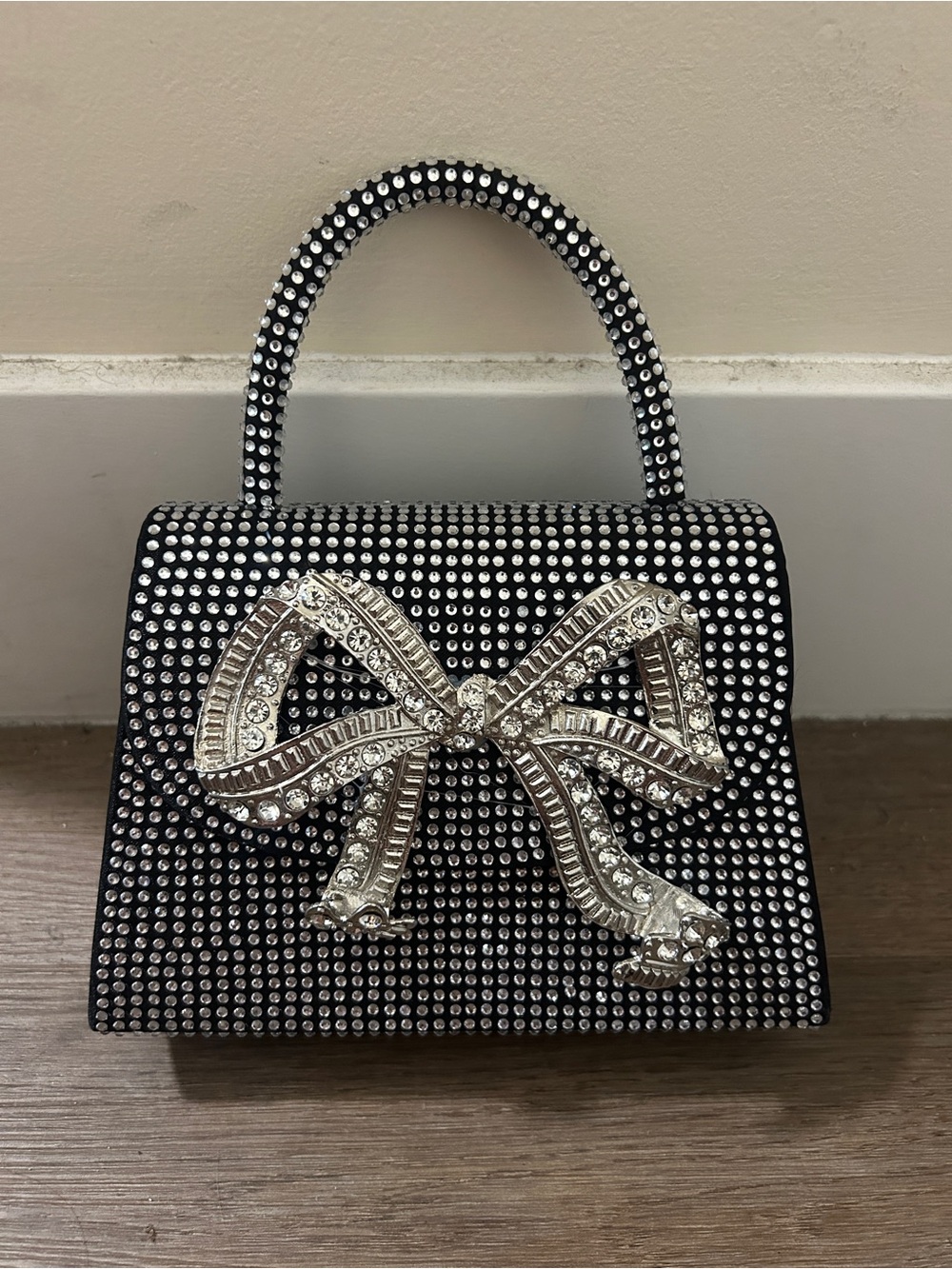 Black Crystal Bow Top-Handle Evening Bag